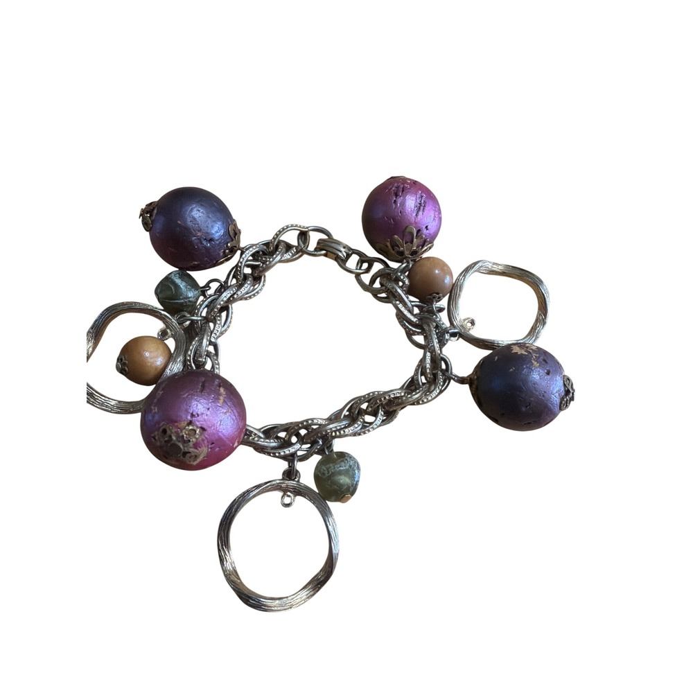 Chunky Silver Tone Charm Bracelet Purple Filigree Beads Wood Geometric Circles